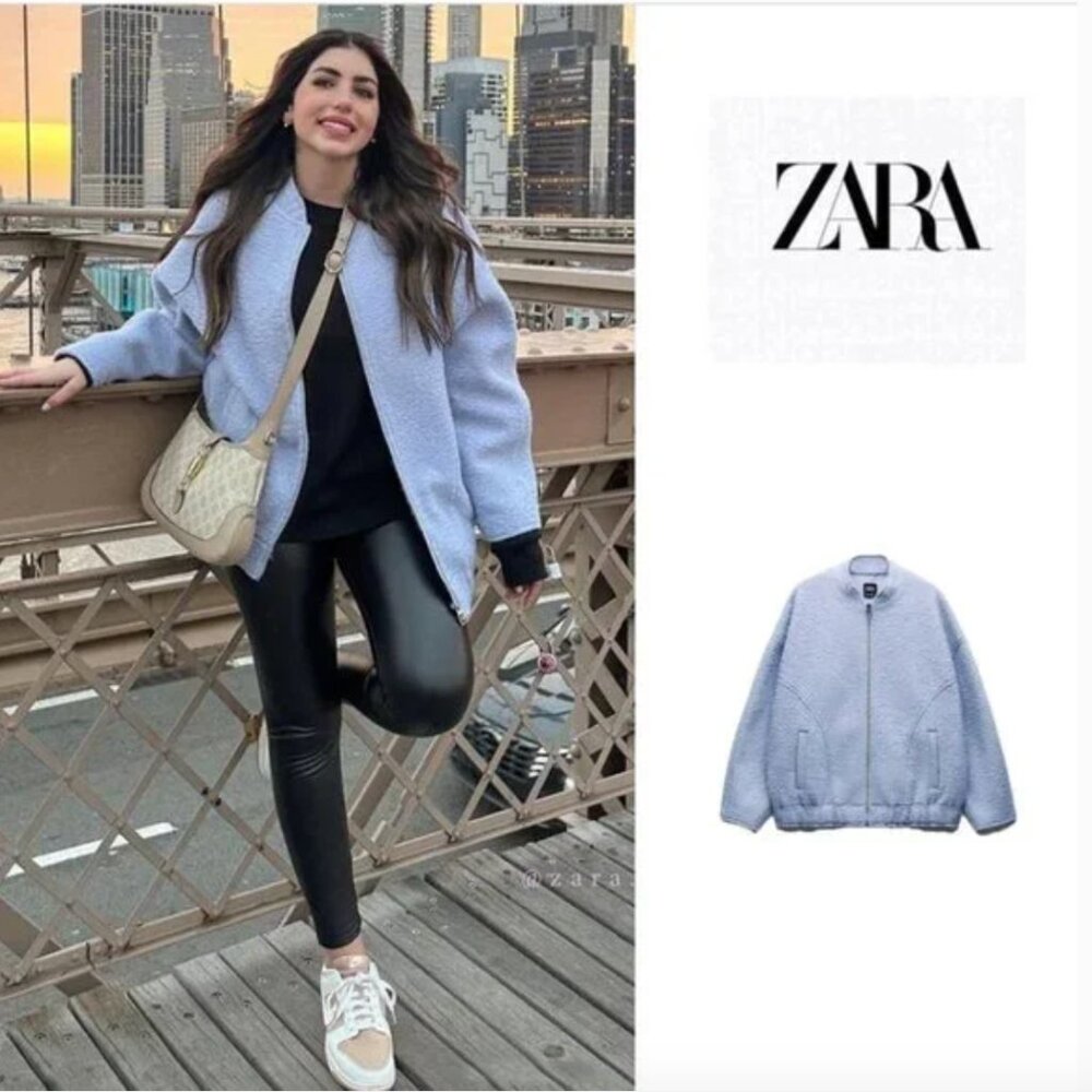 NWT ZARA OVERSIZED BOUCLE BOMBER SKY BLUE